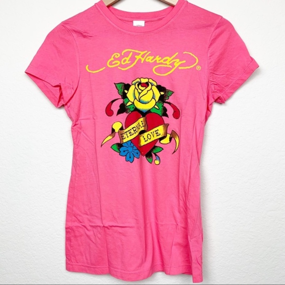 Ed Hardy Eternal Love T-shirt Pink Rose NWT L